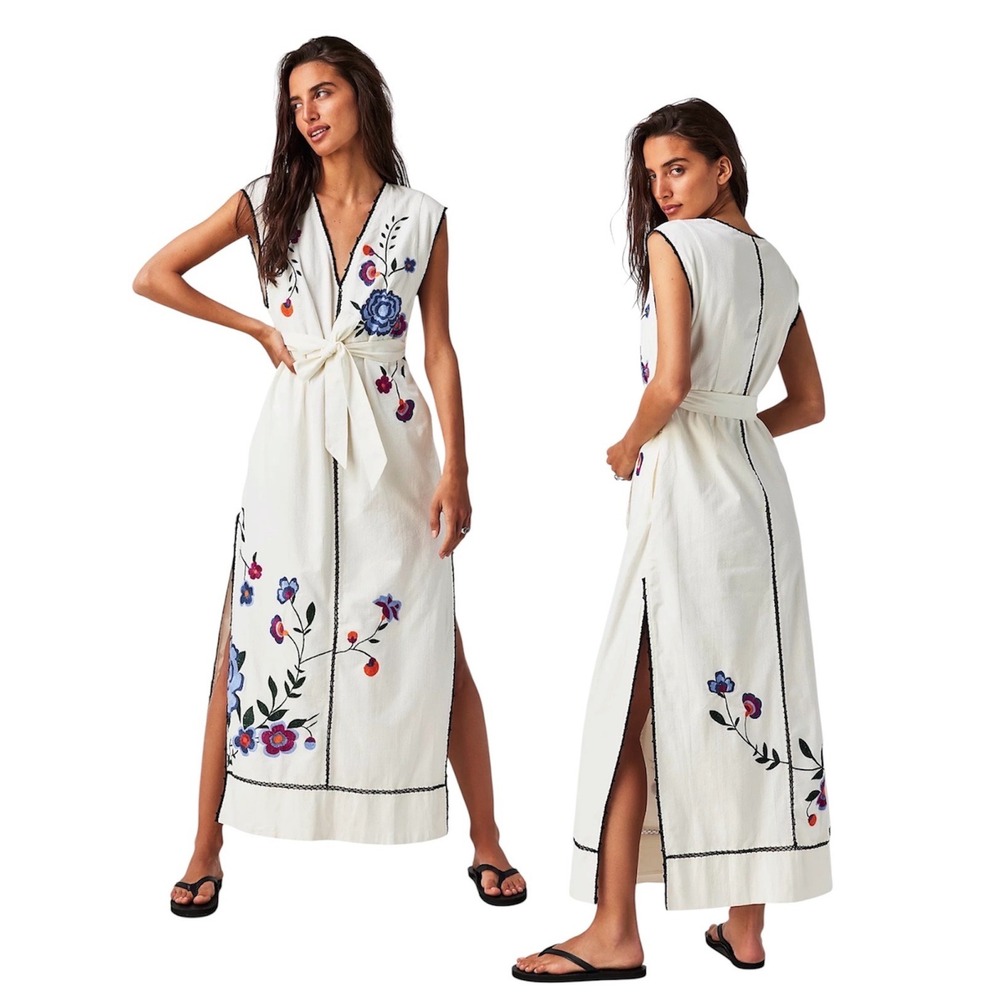 Free People Bo Dress Womens S Ivory Embroidered Floral V-Neck EUC
